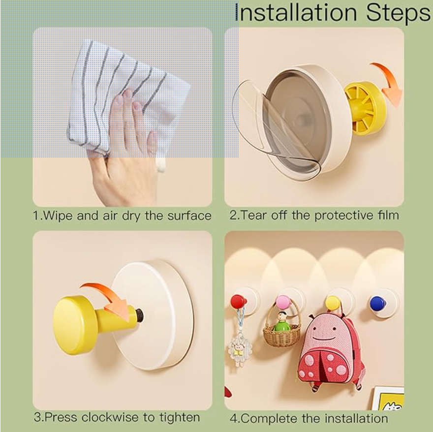 Rotating Vacuum Suction Wall Hooks – Pack of 4 Reusable Adhesive-Free Hooks