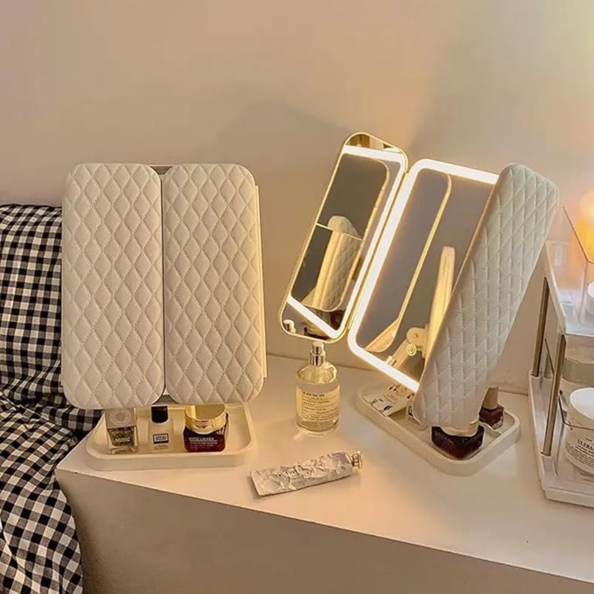 Multifold LED Makeup Mirror – Folding Vanity Mirror with Adjustable Lighting