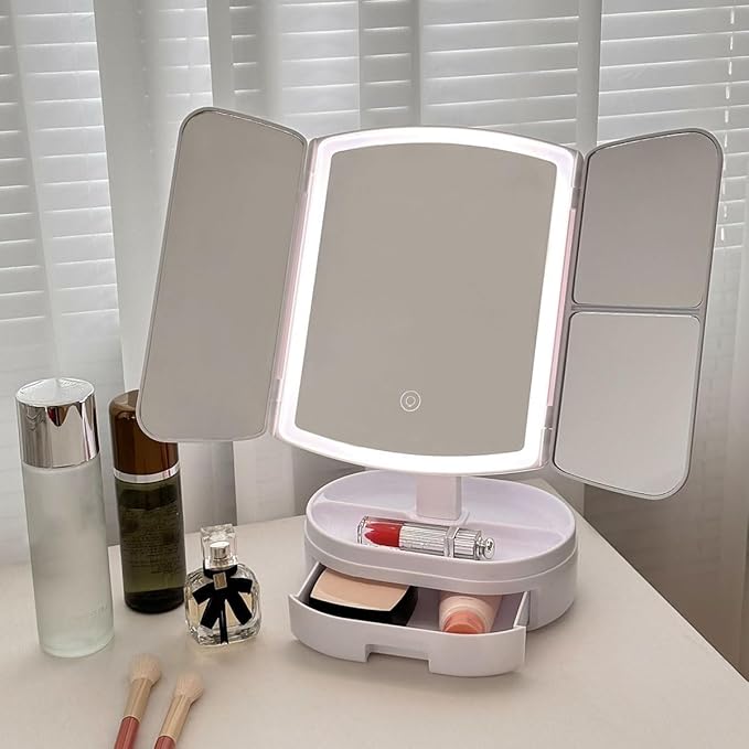 Multifold LED Makeup Mirror – Folding Vanity Mirror with Adjustable Lighting